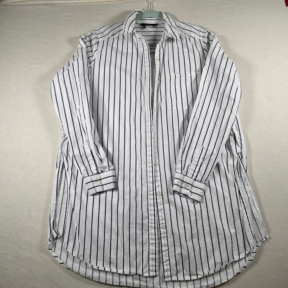 Attention Womens Medium Navy White Striped Button Down Tunic Shirt Longline H505